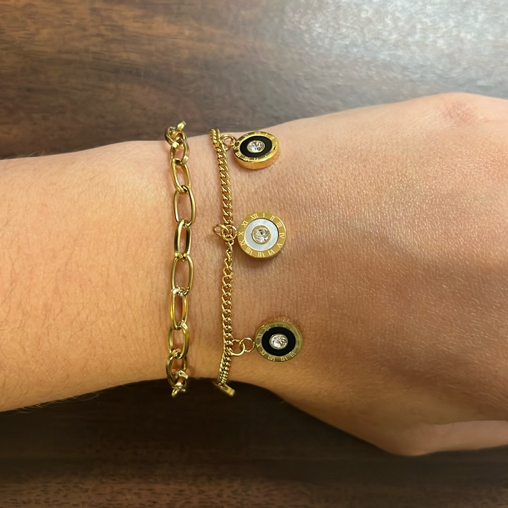 18k Gp Ss Layered Black  White Roman Numeral Charm Bracelet